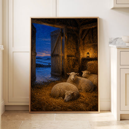 Lantern in the Lambing Barn, brown, gold, blue nature wall art displayed in a styled interior, gallery view 1