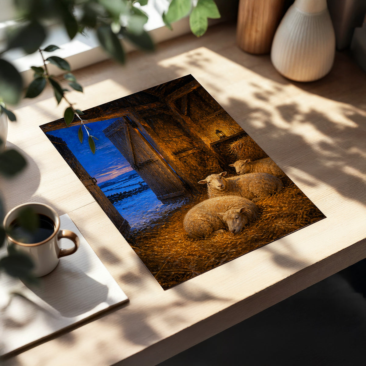 Lantern in the Lambing Barn, brown, gold, blue nature wall art displayed in a styled interior, gallery view 2
