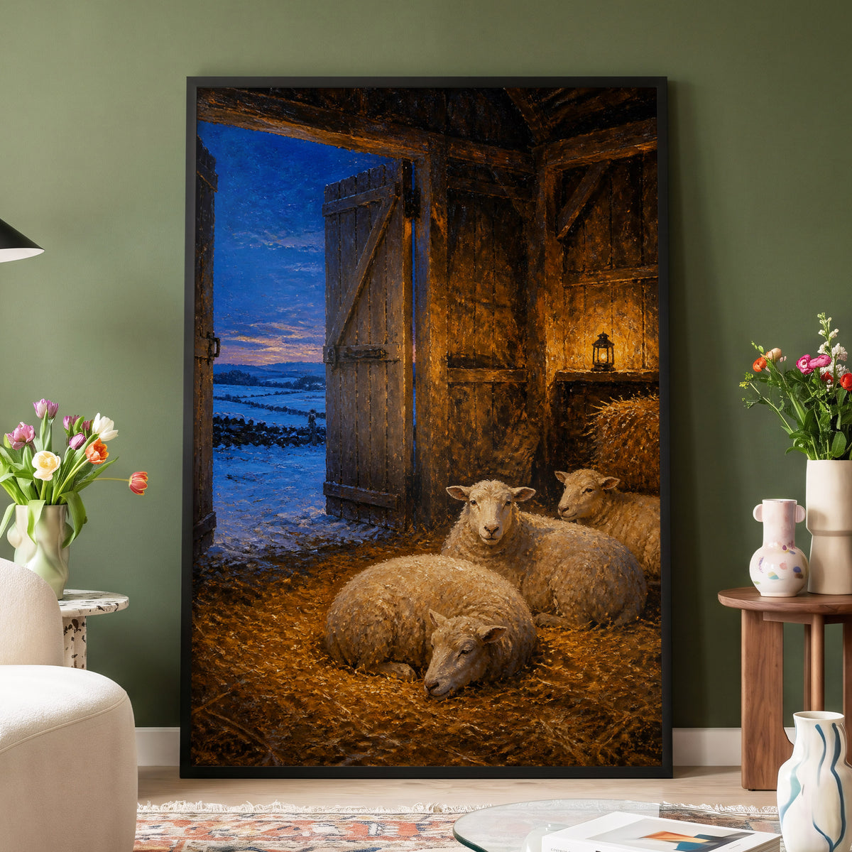 Lantern in the Lambing Barn, brown, gold, blue nature wall art displayed in a styled interior, gallery view 3
