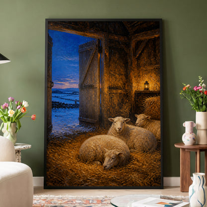 Lantern in the Lambing Barn, brown, gold, blue nature wall art displayed in a styled interior, gallery view 3