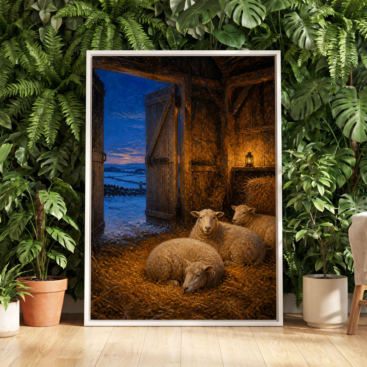 Lantern in the Lambing Barn, brown, gold, blue nature wall art displayed in a styled interior, gallery view 5