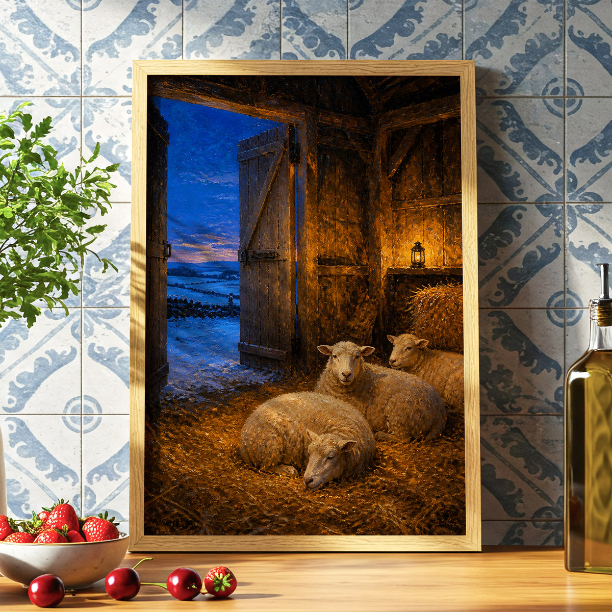 Lantern in the Lambing Barn, brown, gold, blue nature wall art displayed in a styled interior, gallery view 6