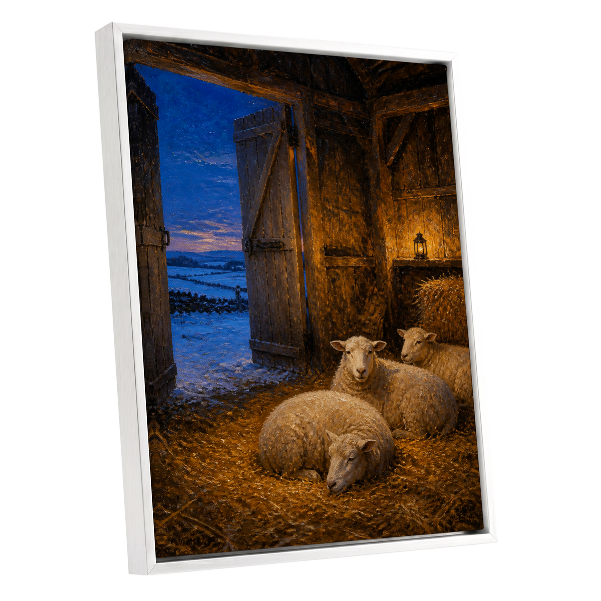 Lantern in the Lambing Barn, brown, gold, blue nature wall art shown as a white framed canvas wall art