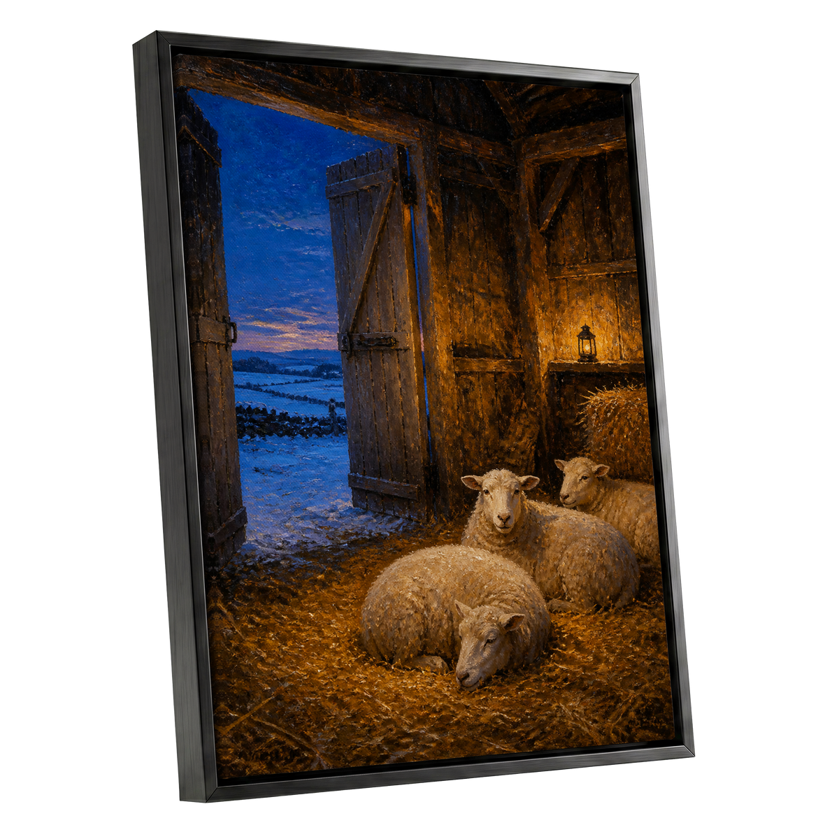 Lantern-Lit Winter Fold, brown, blue, gold nature wall art shown as a black framed canvas wall art