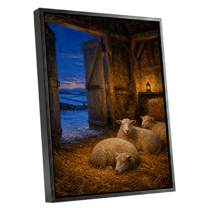 Lantern-Lit Winter Fold, brown, blue, gold nature wall art shown as a black framed canvas wall art