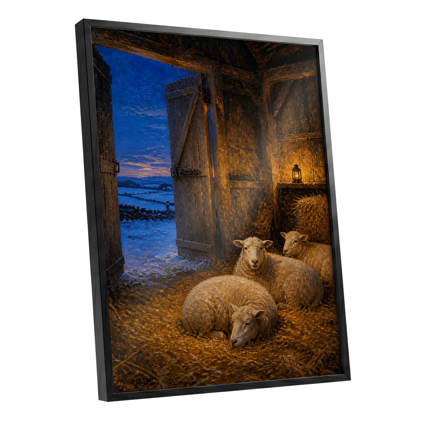 Lantern-Lit Winter Fold, brown, blue, gold nature wall art shown as a black framed poster wall art print