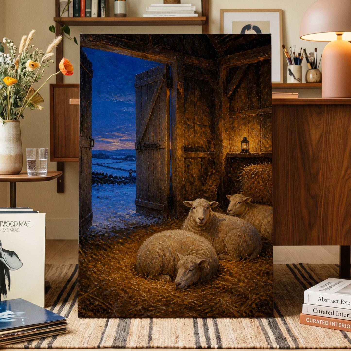 Lantern-Lit Winter Fold, brown, blue, gold nature wall art on canvas displayed in a styled interior, gallery view 1