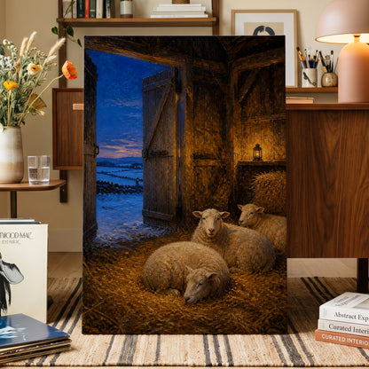 Lantern-Lit Winter Fold, brown, blue, gold nature wall art on canvas displayed in a styled interior, gallery view 1