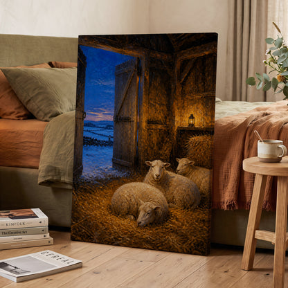 Lantern-Lit Winter Fold, brown, blue, gold nature wall art on canvas displayed in a styled interior, gallery view 2