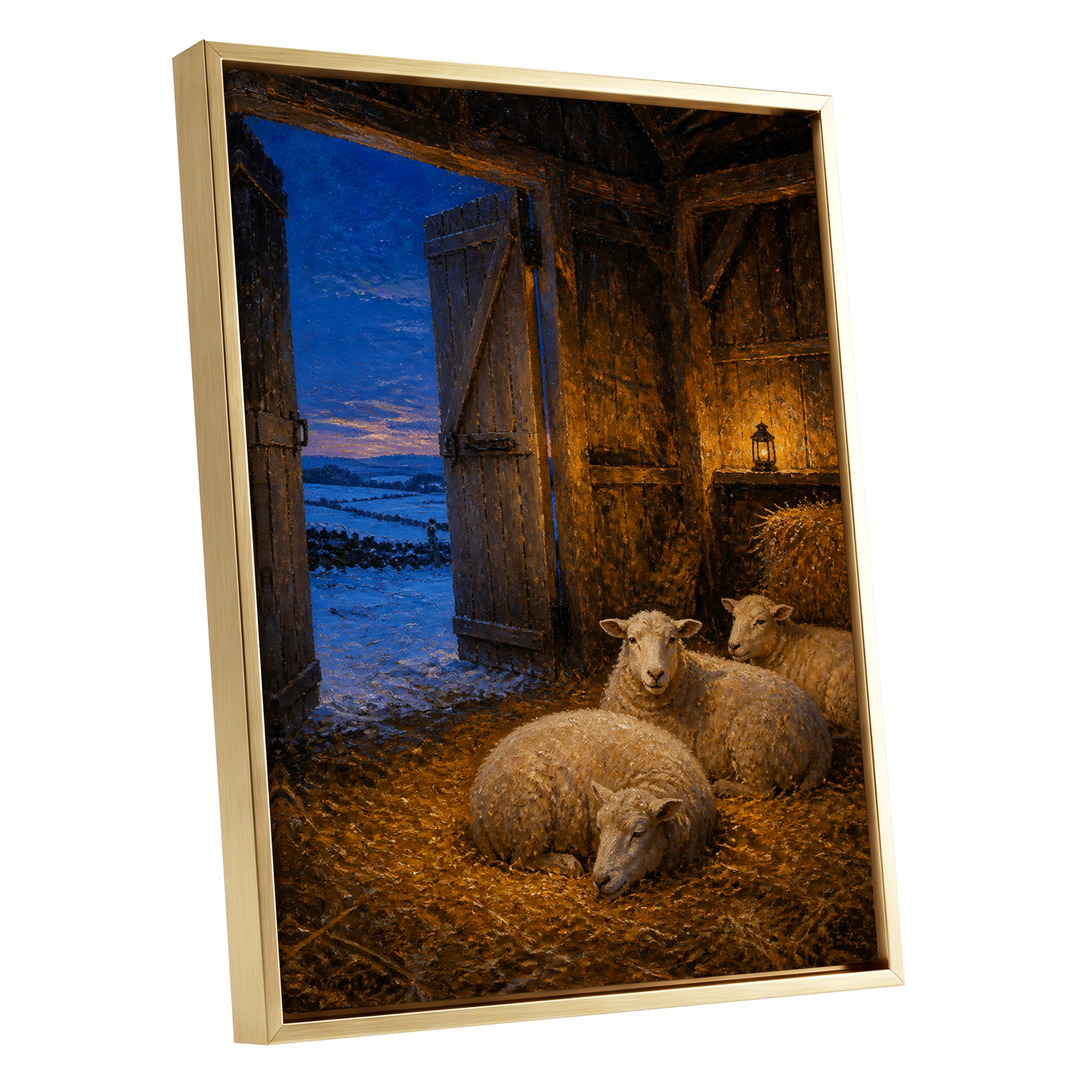 Lantern-Lit Winter Fold, brown, blue, gold nature wall art shown as a gold framed canvas wall art