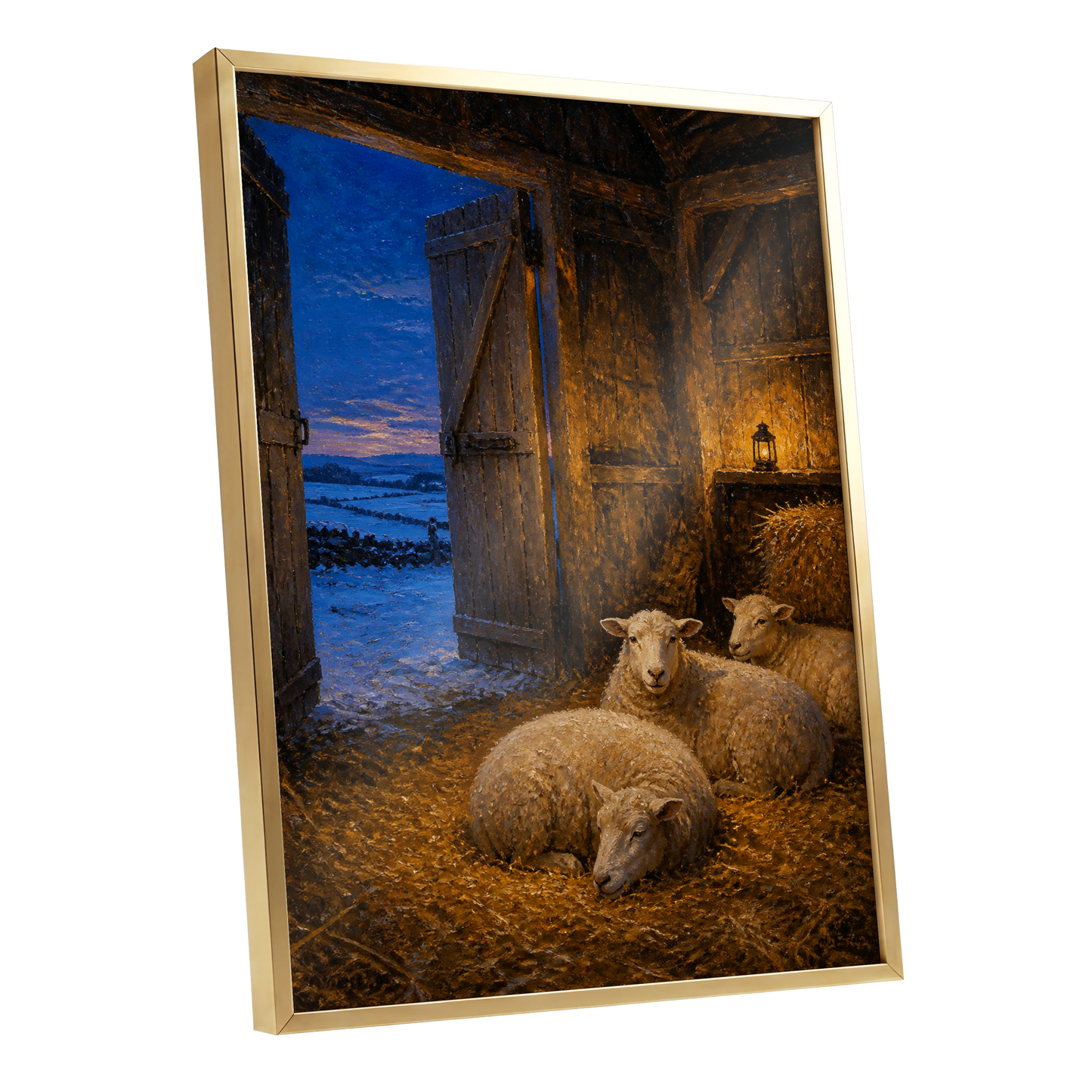 Lantern-Lit Winter Fold, brown, blue, gold nature wall art shown as a gold framed poster wall art print