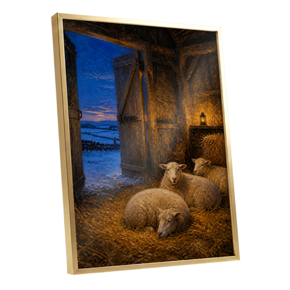Lantern-Lit Winter Fold, brown, blue, gold nature wall art shown as a gold framed poster wall art print