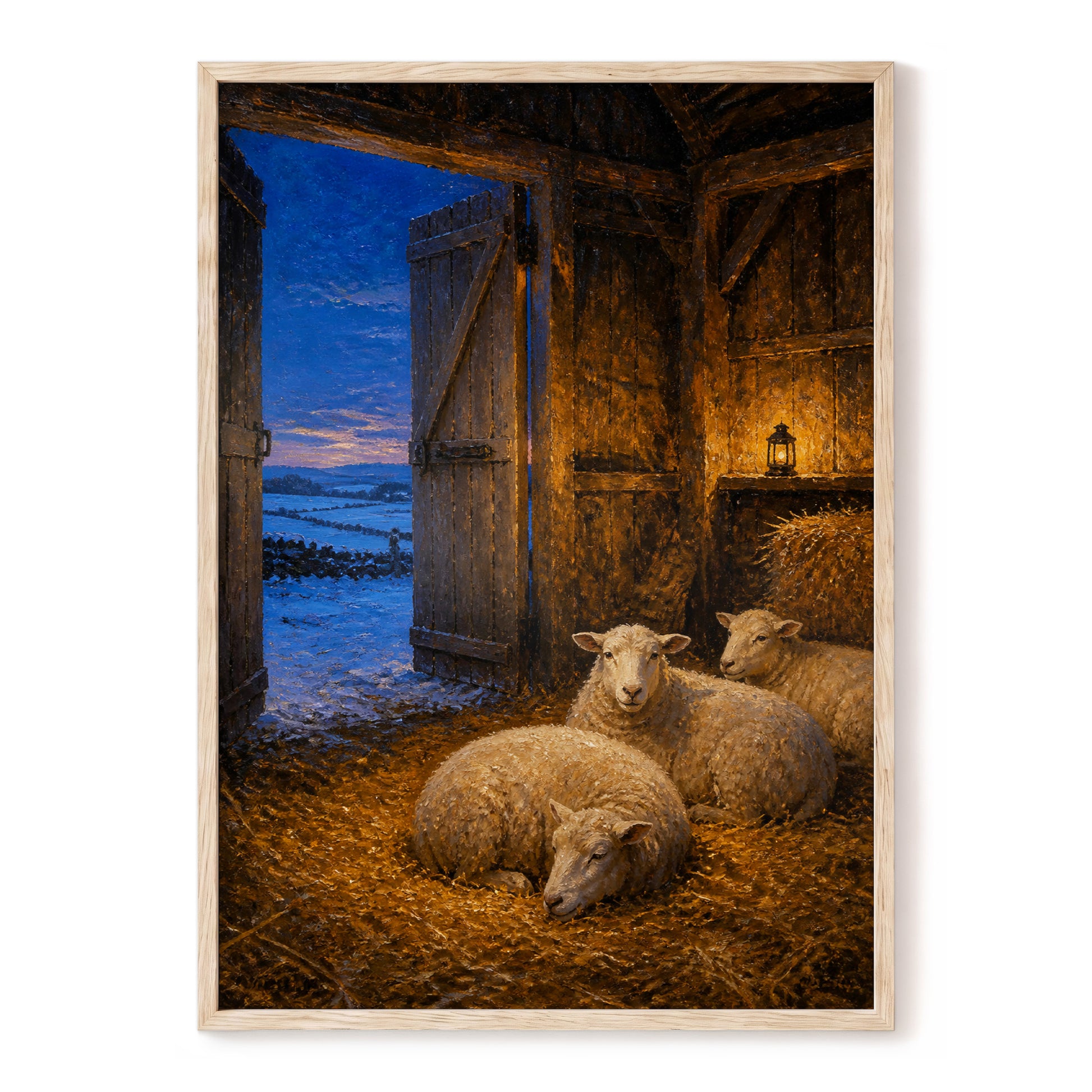 Lantern-Lit Winter Fold, brown, blue, gold nature wall art, front artwork view