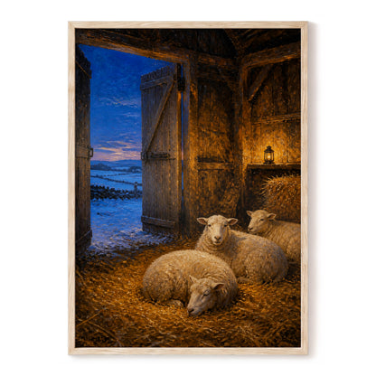 Lantern-Lit Winter Fold, brown, blue, gold nature wall art, front artwork view