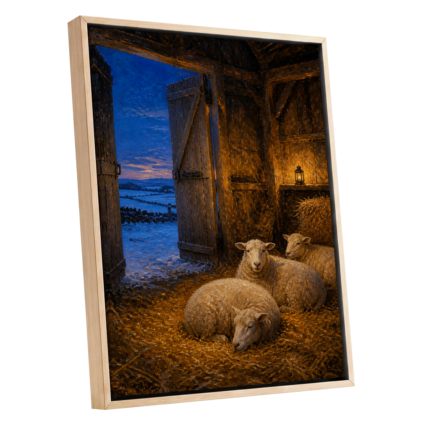 Lantern-Lit Winter Fold, brown, blue, gold nature wall art shown as a oak framed canvas wall art