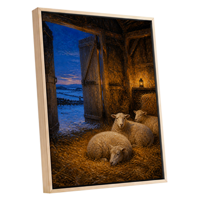 Lantern-Lit Winter Fold, brown, blue, gold nature wall art shown as a oak framed canvas wall art