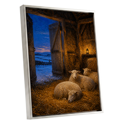 Lantern-Lit Winter Fold, brown, blue, gold nature wall art shown as a silver framed canvas wall art