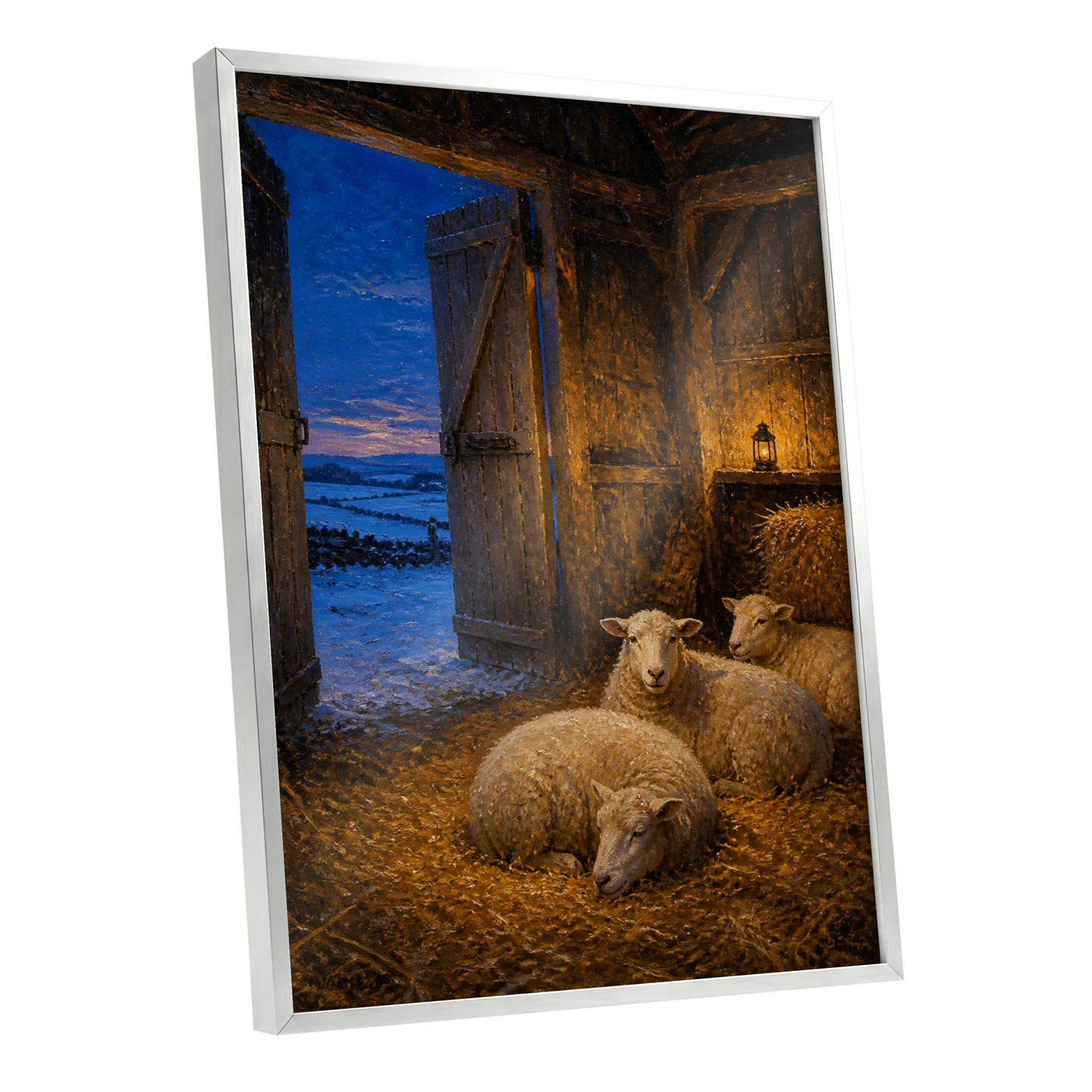 Lantern-Lit Winter Fold, brown, blue, gold nature wall art shown as a silver framed poster wall art print