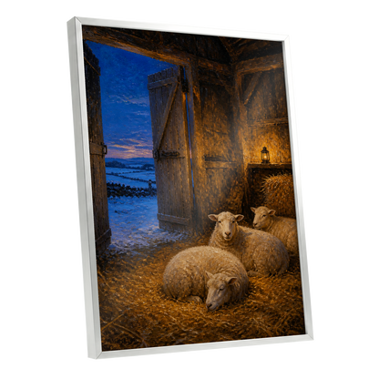 Lantern-Lit Winter Fold, brown, blue, gold nature wall art shown as a silver framed poster wall art print