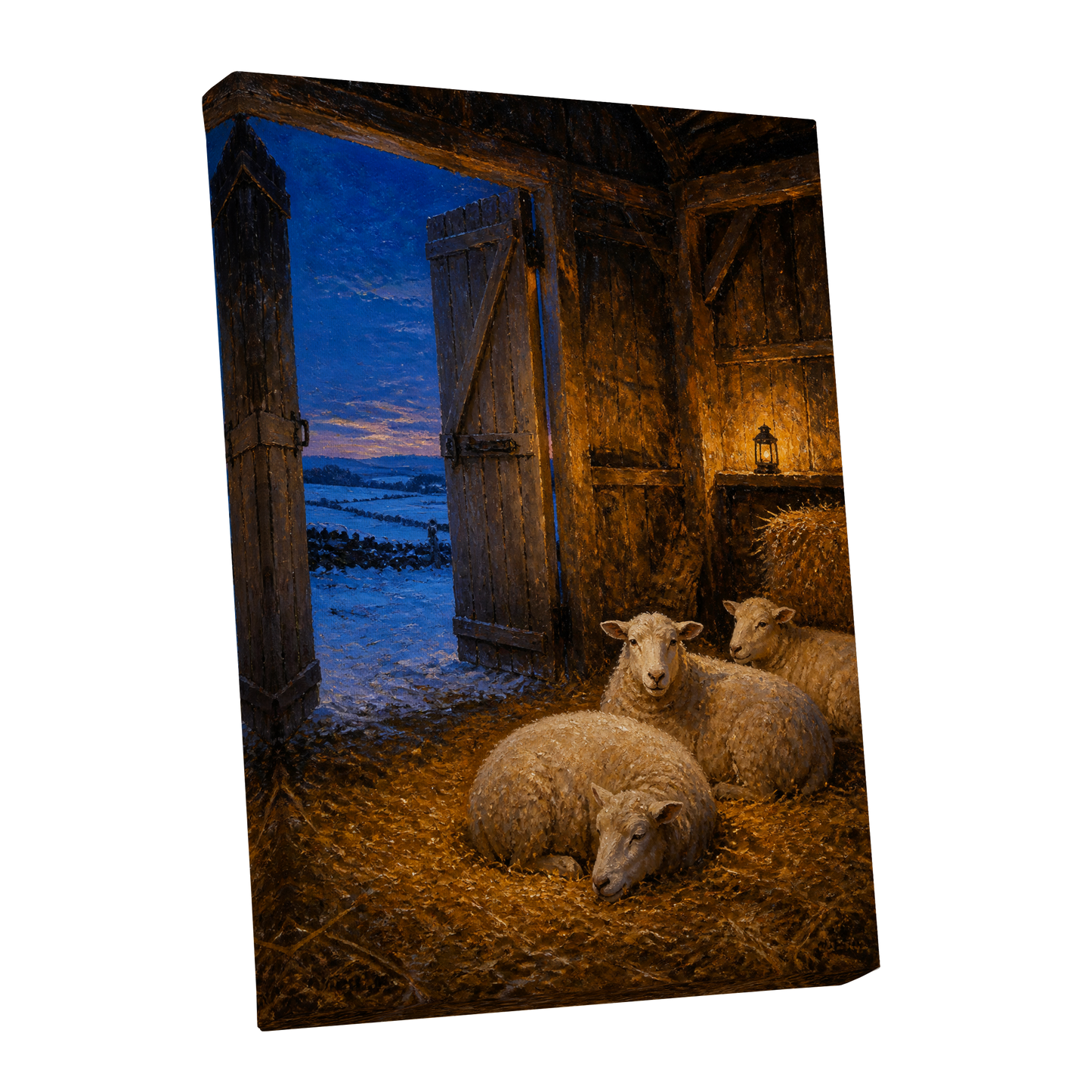 Lantern-Lit Winter Fold, brown, blue, gold nature wall art shown as a stretched canvas wall art