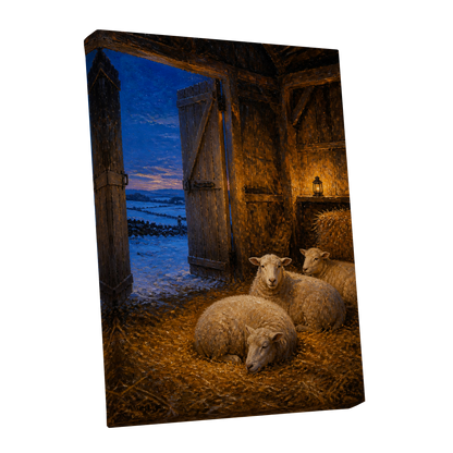 Lantern-Lit Winter Fold, brown, blue, gold nature wall art shown as a stretched canvas wall art