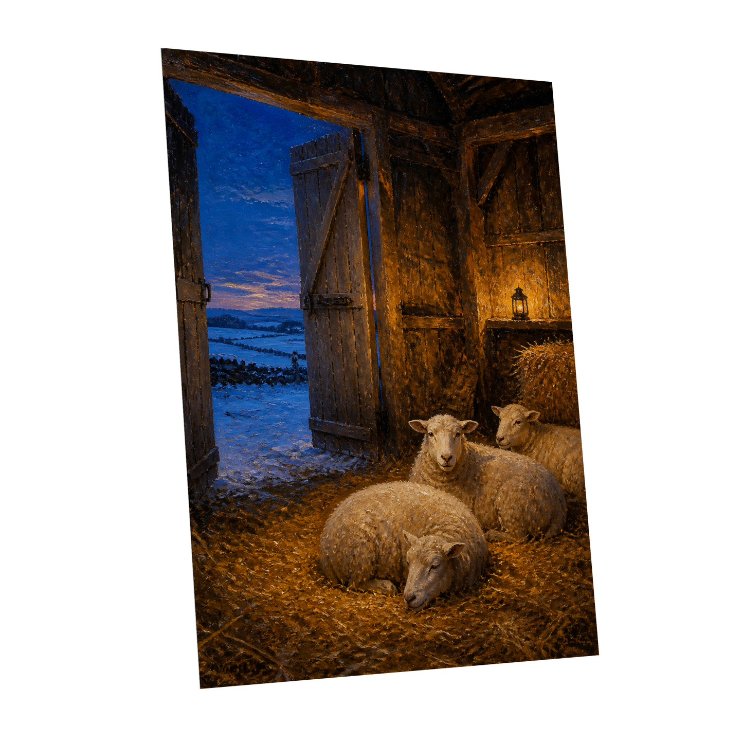 Lantern-Lit Winter Fold, brown, blue, gold nature wall art shown as a unframed poster wall art print