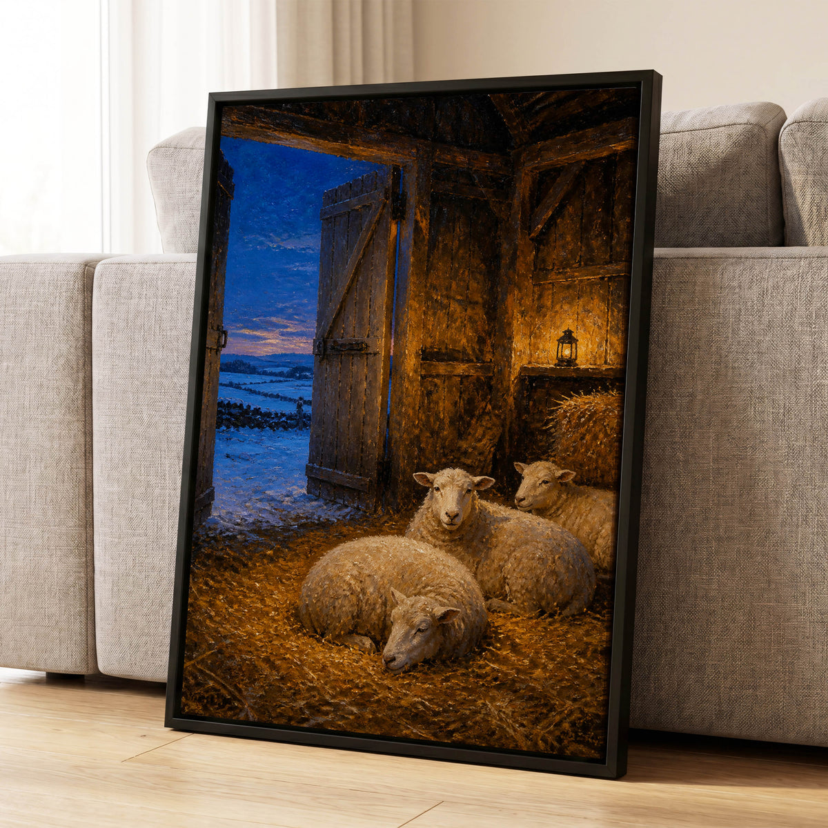 Lantern-Lit Winter Fold, brown, blue, gold nature wall art displayed in a styled interior, gallery view 1