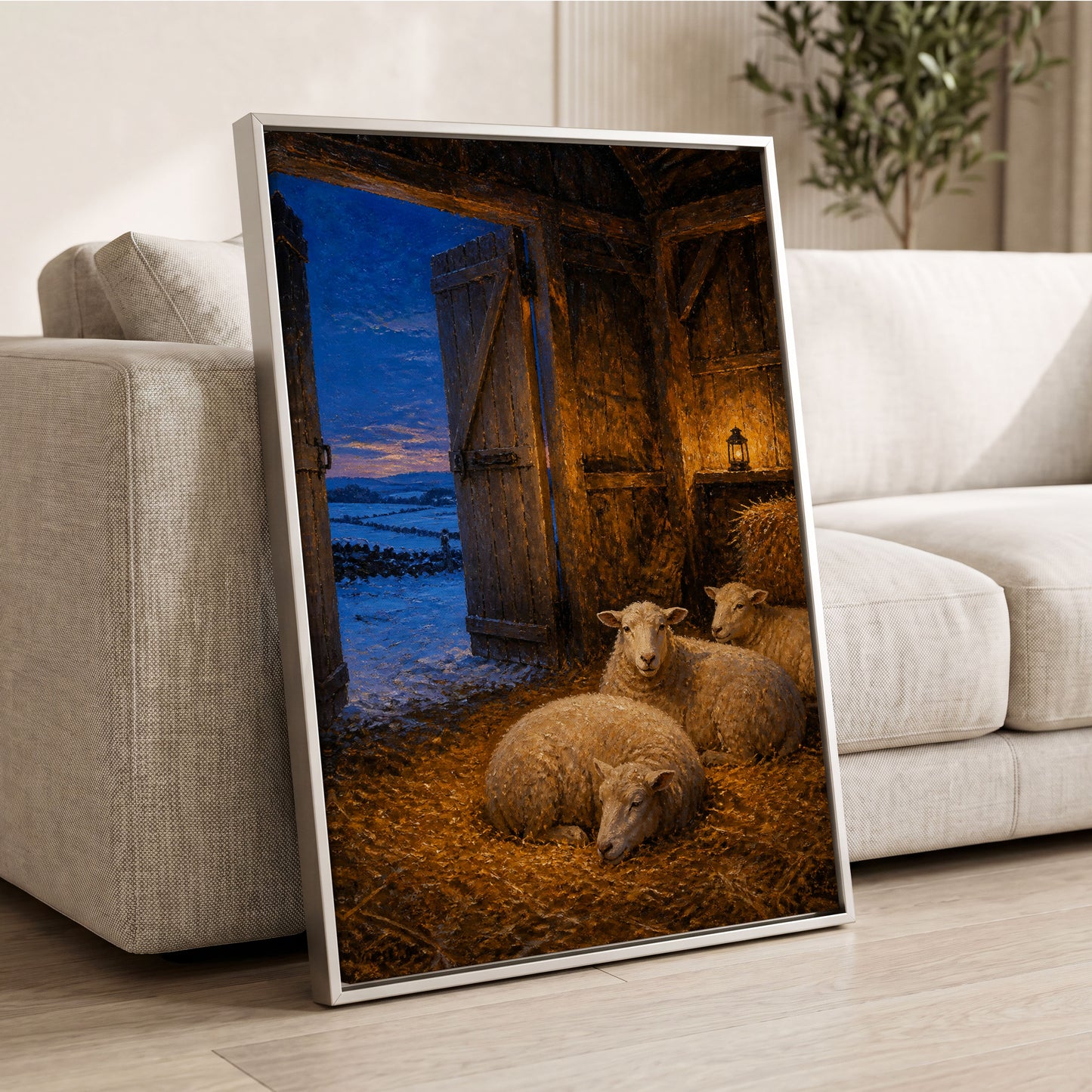 Lantern-Lit Winter Fold, brown, blue, gold nature wall art displayed in a styled interior, gallery view 2