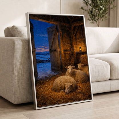 Lantern-Lit Winter Fold, brown, blue, gold nature wall art displayed in a styled interior, gallery view 2