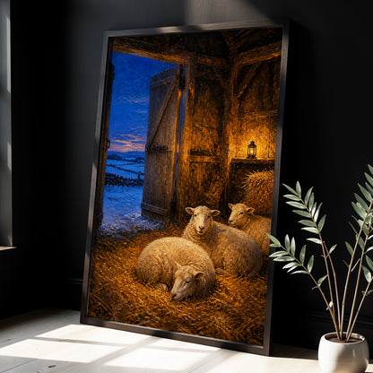 Lantern-Lit Winter Fold, brown, blue, gold nature wall art displayed in a styled interior, gallery view 3