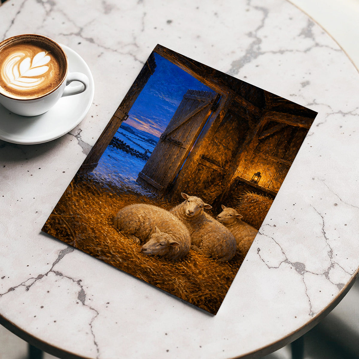 Lantern-Lit Winter Fold, brown, blue, gold nature wall art displayed in a styled interior, gallery view 4