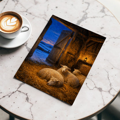 Lantern-Lit Winter Fold, brown, blue, gold nature wall art displayed in a styled interior, gallery view 4