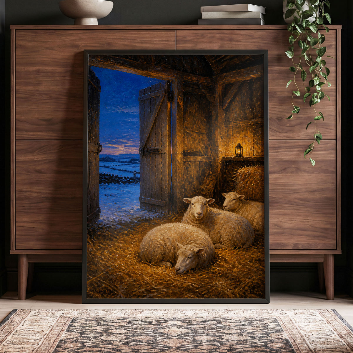 Lantern-Lit Winter Fold, brown, blue, gold nature wall art displayed in a styled interior, gallery view 5
