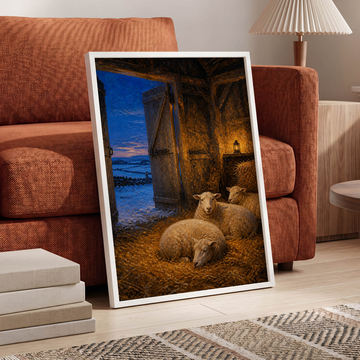 Lantern-Lit Winter Fold, brown, blue, gold nature wall art displayed in a styled interior, gallery view 6