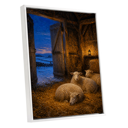 Lantern-Lit Winter Fold, brown, blue, gold nature wall art shown as a white framed canvas wall art