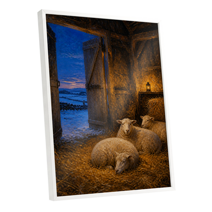 Lantern-Lit Winter Fold, brown, blue, gold nature wall art shown as a white framed poster wall art print