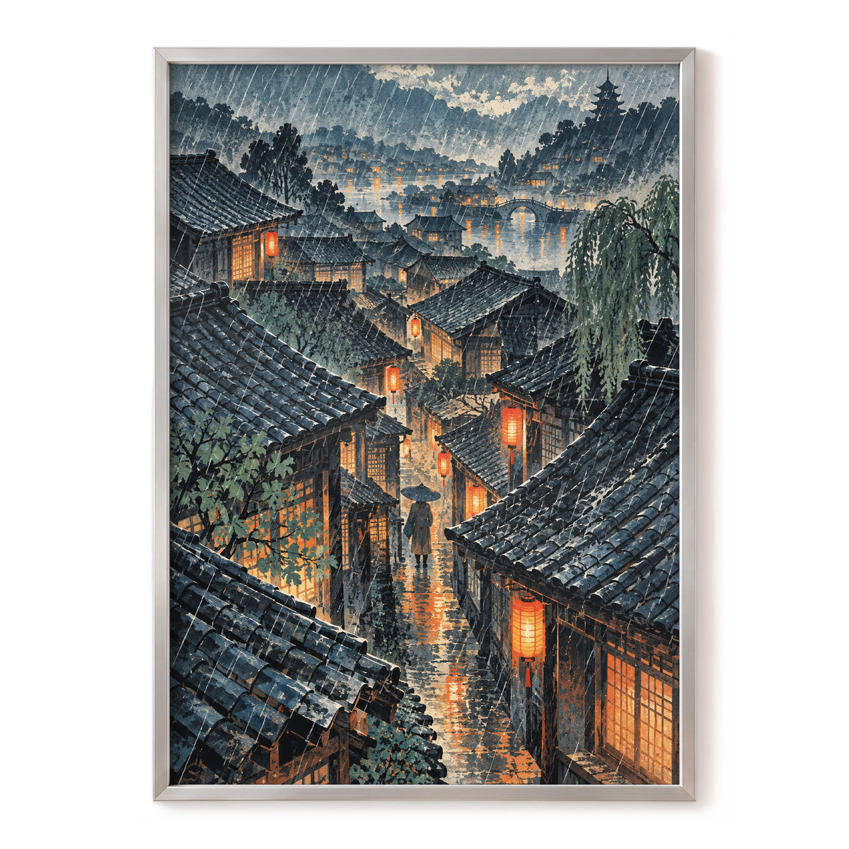 Lanterns in the Rain, blue, gray, orange abstract wall art, front artwork view