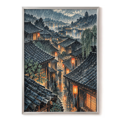 Lanterns in the Rain, blue, gray, orange abstract wall art, front artwork view