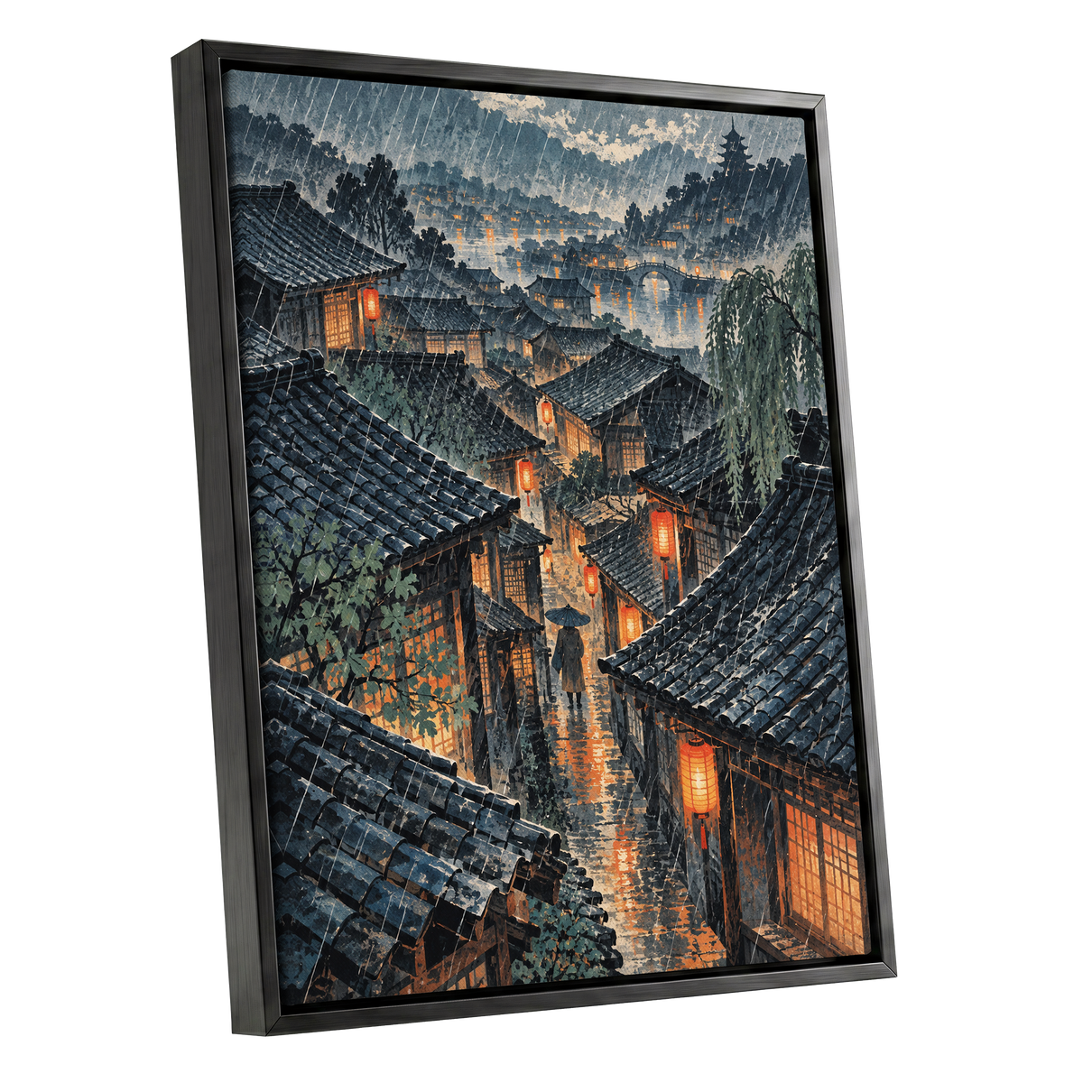 Lanterns in the Rain, blue, gray, orange abstract wall art shown as a black framed canvas wall art