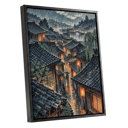 Lanterns in the Rain, blue, gray, orange abstract wall art shown as a black framed canvas wall art