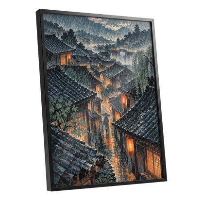 Lanterns in the Rain, blue, gray, orange abstract wall art shown as a black framed poster wall art print