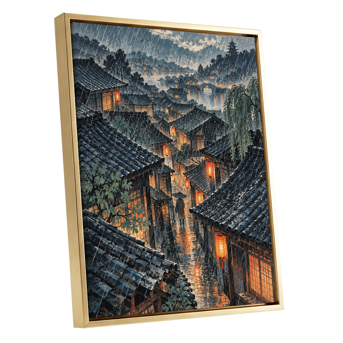 Lanterns in the Rain, blue, gray, orange abstract wall art shown as a gold framed canvas wall art