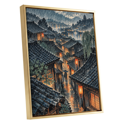 Lanterns in the Rain, blue, gray, orange abstract wall art shown as a gold framed canvas wall art