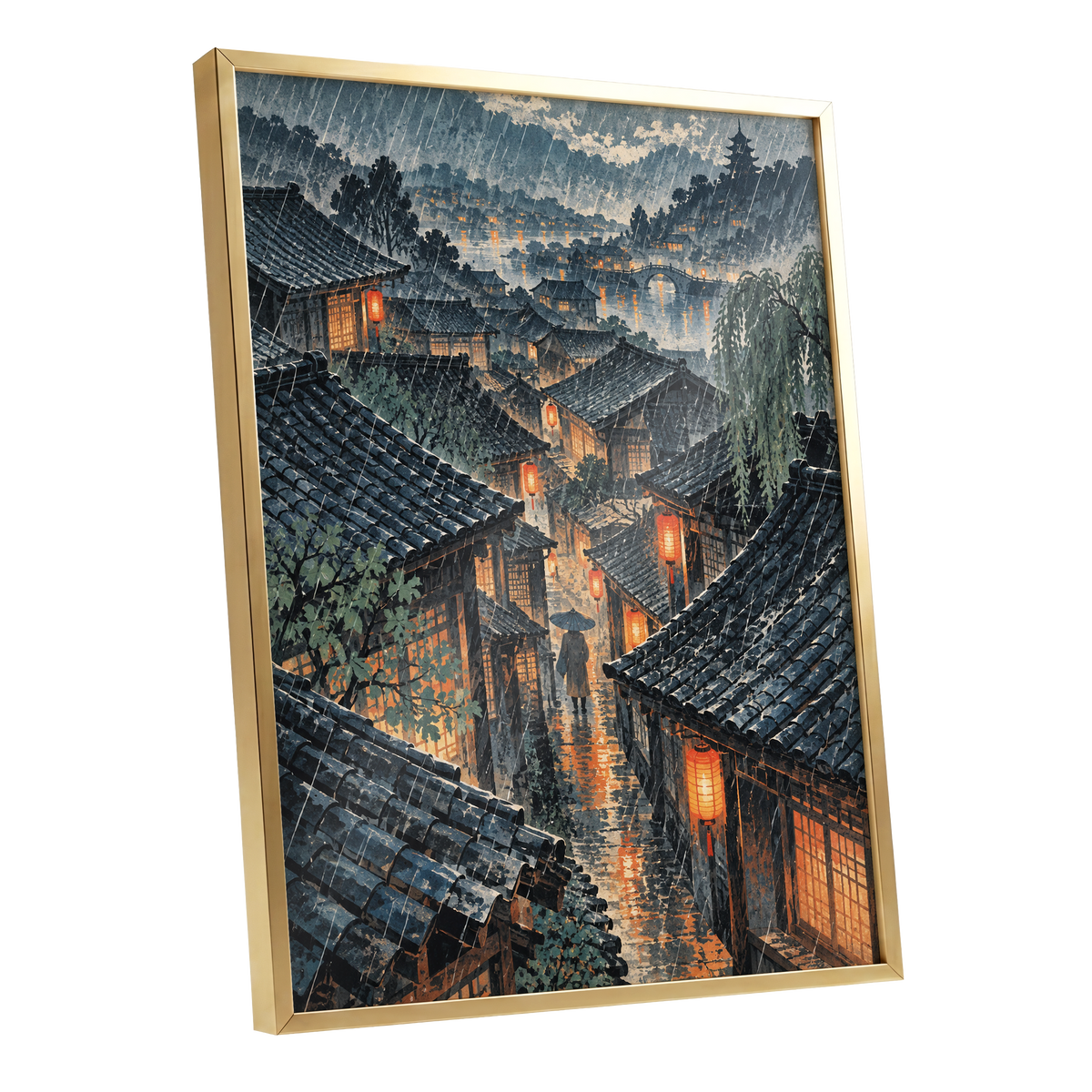 Lanterns in the Rain, blue, gray, orange abstract wall art shown as a gold framed poster wall art print