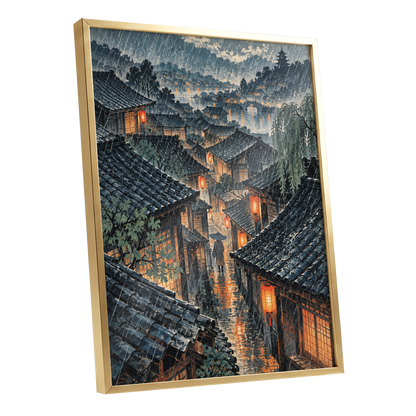 Lanterns in the Rain, blue, gray, orange abstract wall art shown as a gold framed poster wall art print