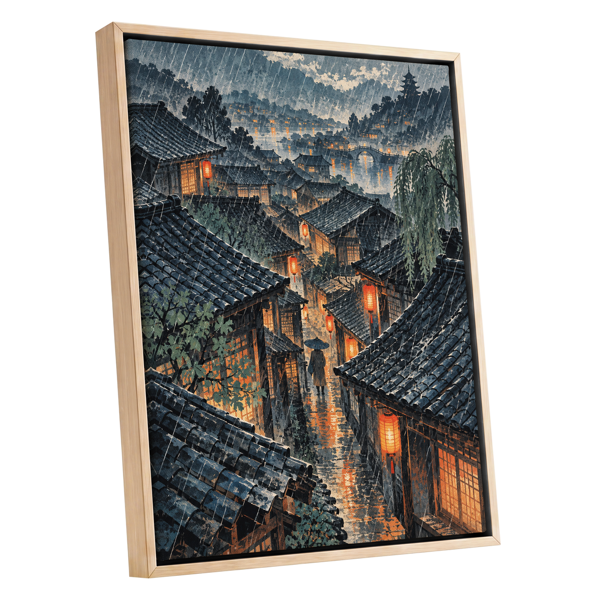Lanterns in the Rain, blue, gray, orange abstract wall art shown as a oak framed canvas wall art