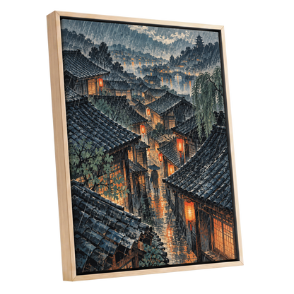 Lanterns in the Rain, blue, gray, orange abstract wall art shown as a oak framed canvas wall art