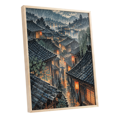 Lanterns in the Rain, blue, gray, orange abstract wall art shown as a oak framed poster wall art print