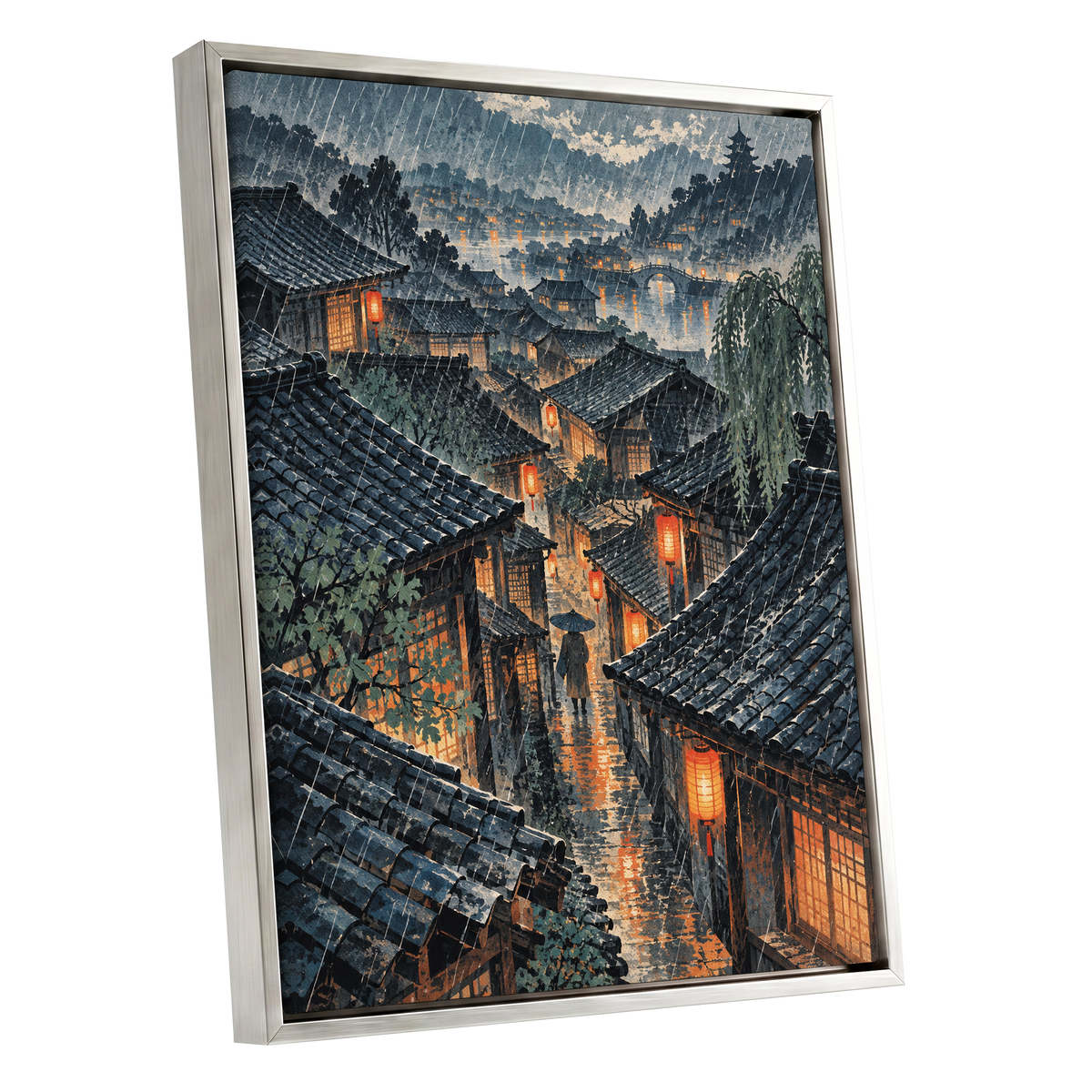 Lanterns in the Rain, blue, gray, orange abstract wall art shown as a silver framed canvas wall art