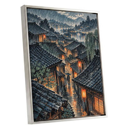 Lanterns in the Rain, blue, gray, orange abstract wall art shown as a silver framed canvas wall art